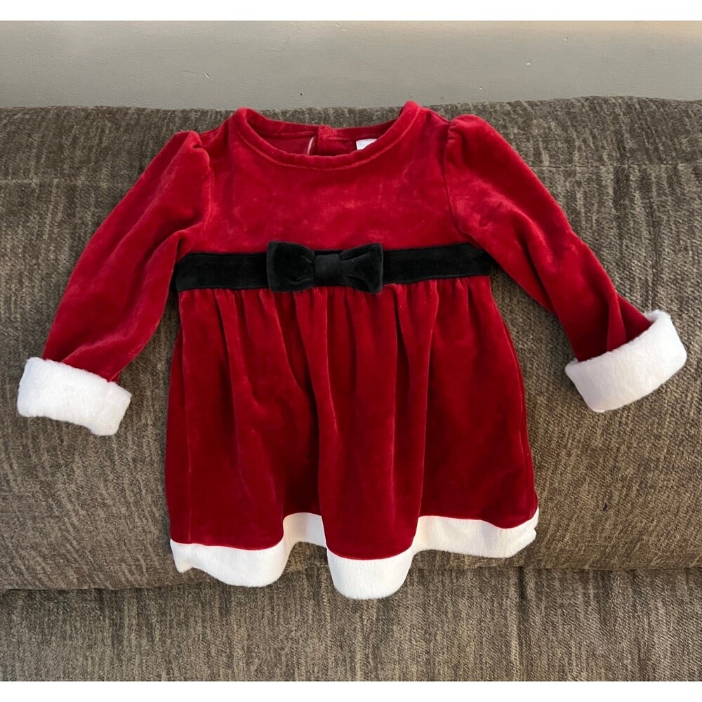 Cherokee Baby Girl Red Velvet Christmas Santa Dress Faux Fur Bow 9M EUC